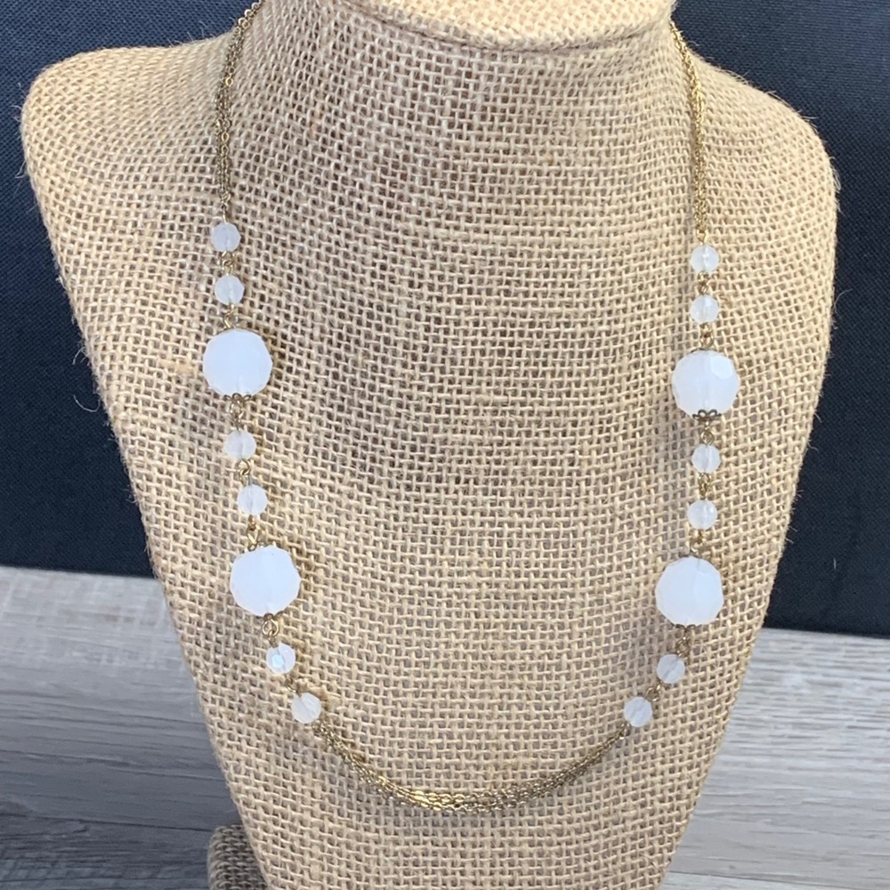 Gold Tone Multi Strand Necklace White Faceted Milk Glass Style Beads 18 Inch
